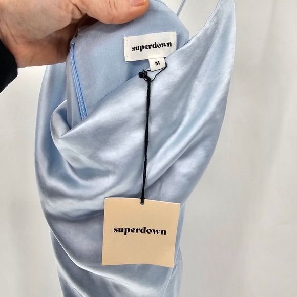 Nwt revolve superdown billie drape midi dress blue satin crisscross side slit me - Picture 7 of 8